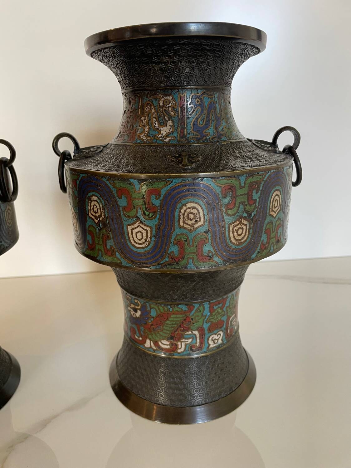 Pair of antique cloisonné bronze vases, China or Japan circa 1900-1930.