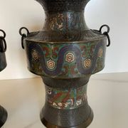 Pair of antique cloisonné bronze vases, China or Japan circa 1900-1930.