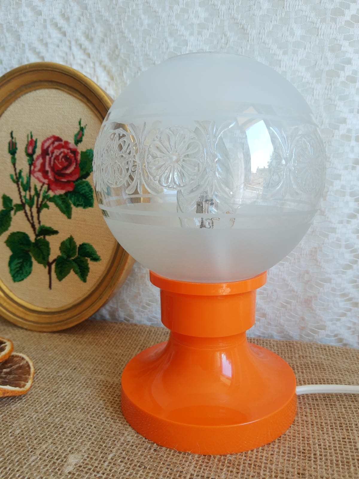 Retro orange table lamp and 70s glass globe