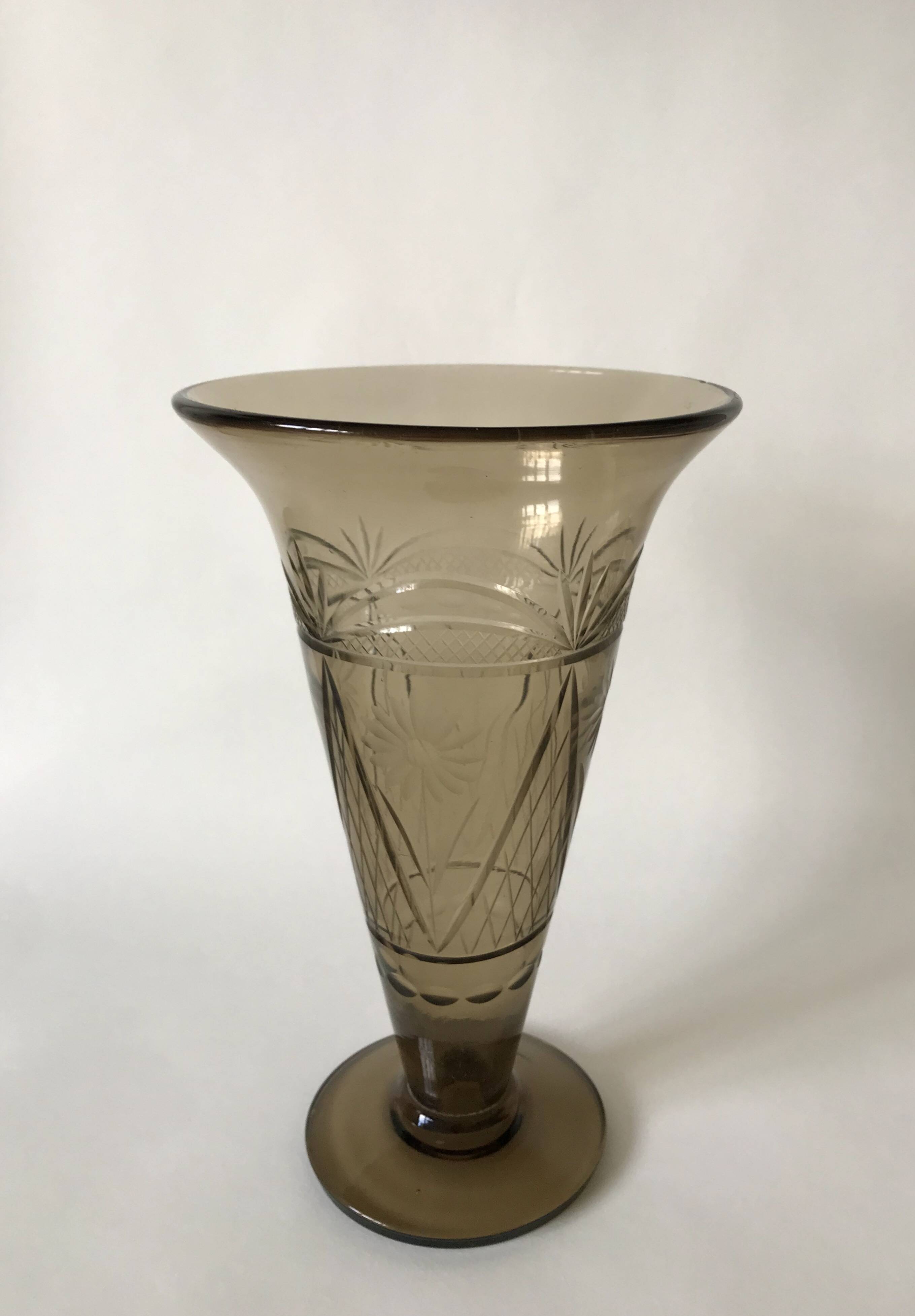 engraved smoked glass vase from the 60s