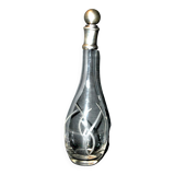 Carved crystal decanter - slender modernist shape with silver metal collar and cap