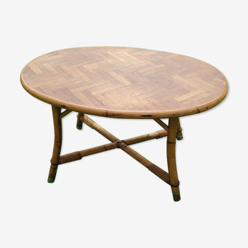 Rattan coffee table marquetry 1960