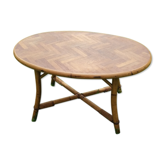 Rattan coffee table marquetry 1960