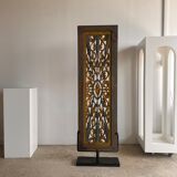 Rectangular Indonesian construction element with blue and yellow plant in carved wood