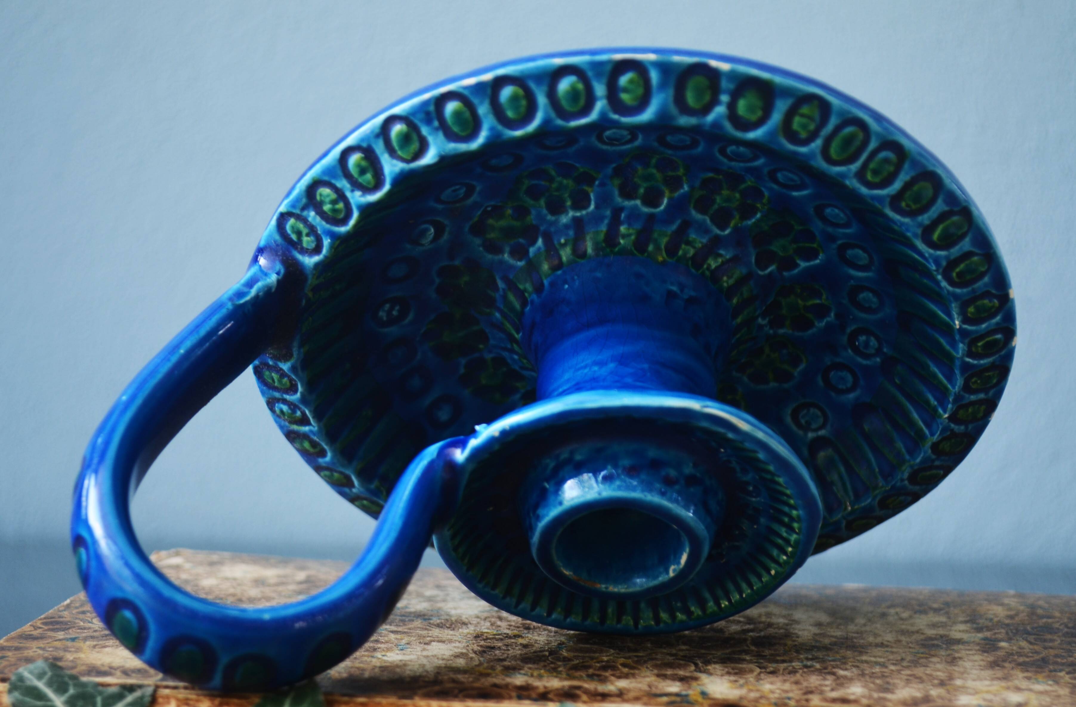 Mid Century Bitossi Aldo Londi Rimini Blue Chamber Candle Holder Painted in Blu