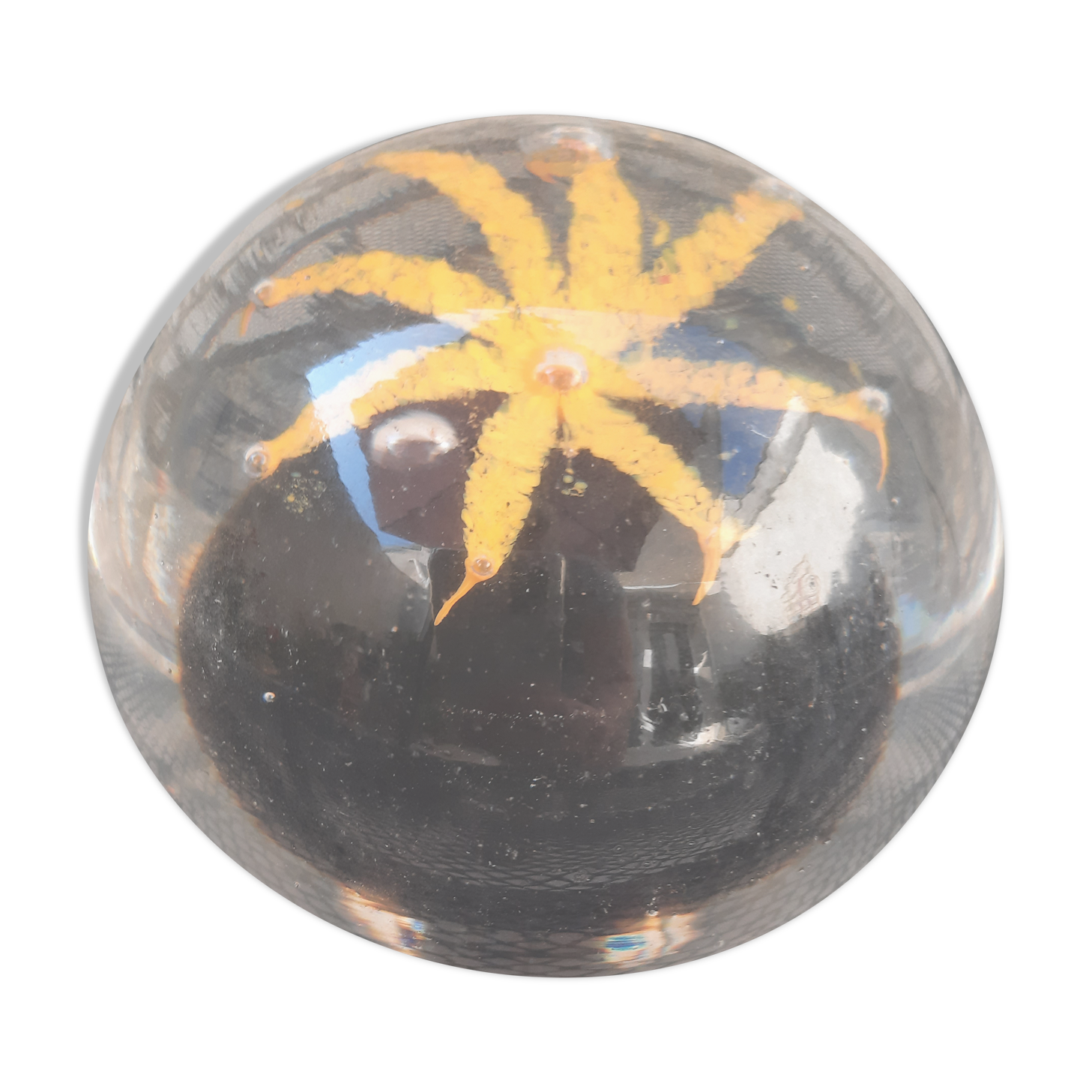 Sulfide-paper press made of glass, black & yellow, star décor.