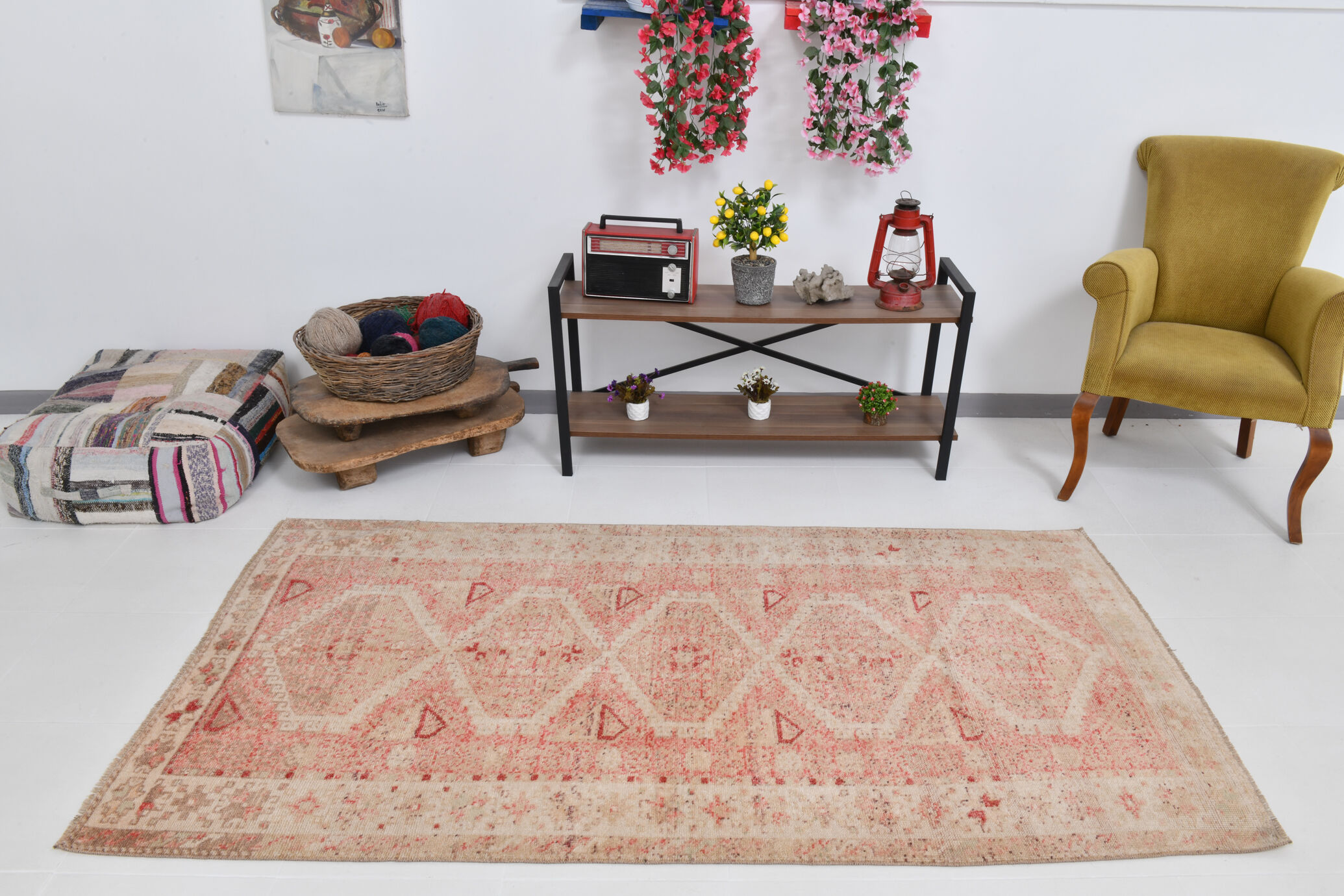 Geometric handmade oushak rug 226x121cm