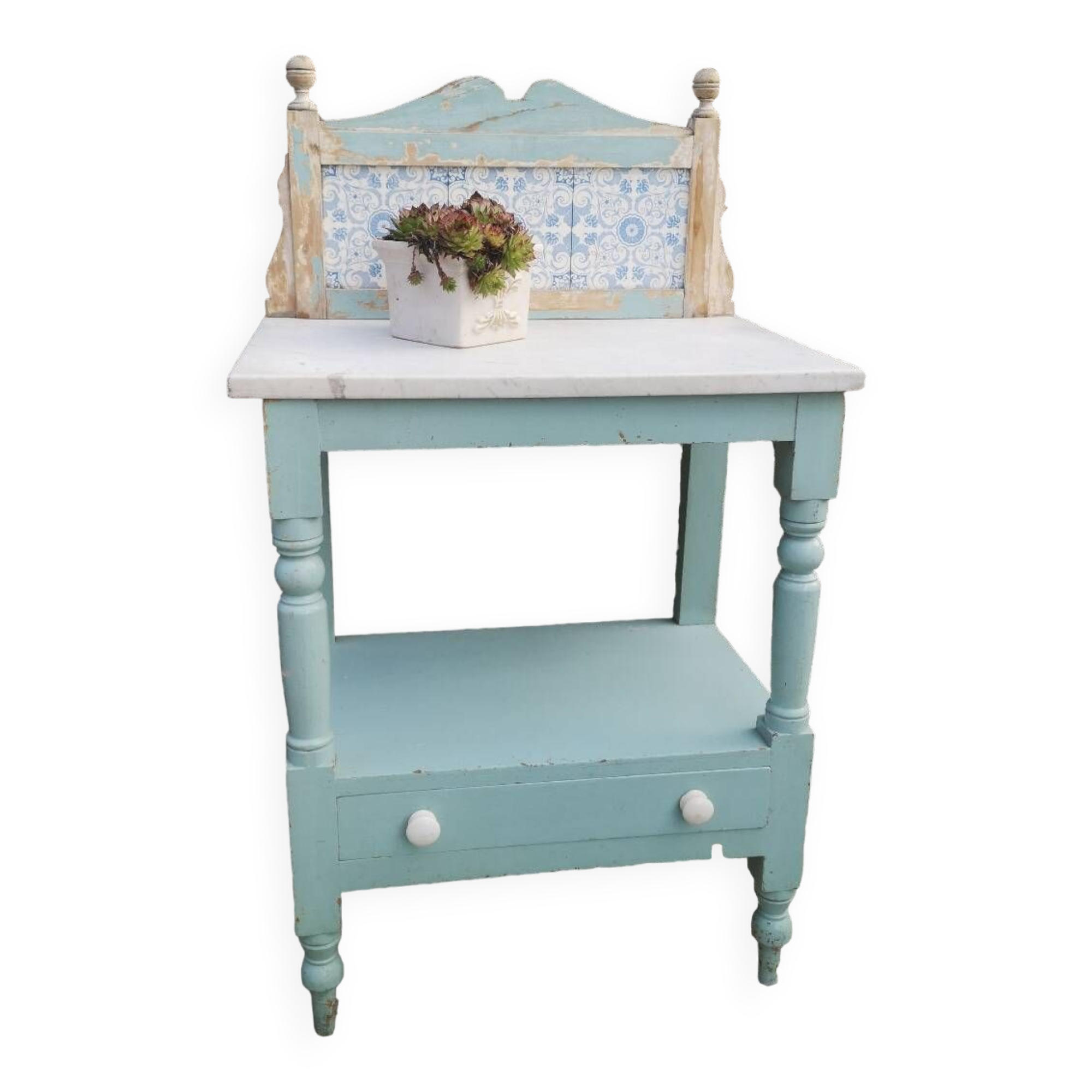 Shelf, sky blue patinated toilet console