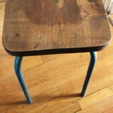 Industrial stool sitting wood feet metal blue metal feet