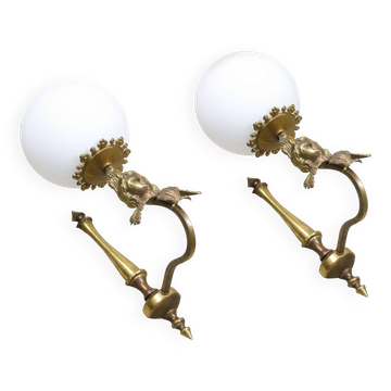 Antique Italian Figural Brass Wall Lamp, set of 2