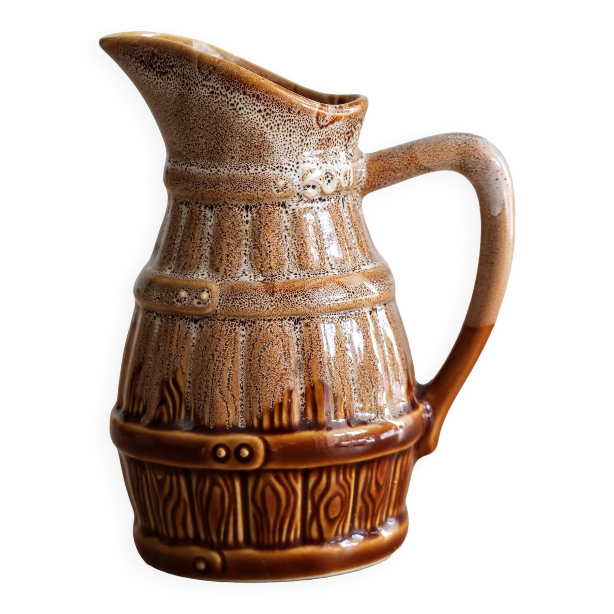 50cl glazed ceramic pitcher with beer barrel decoration