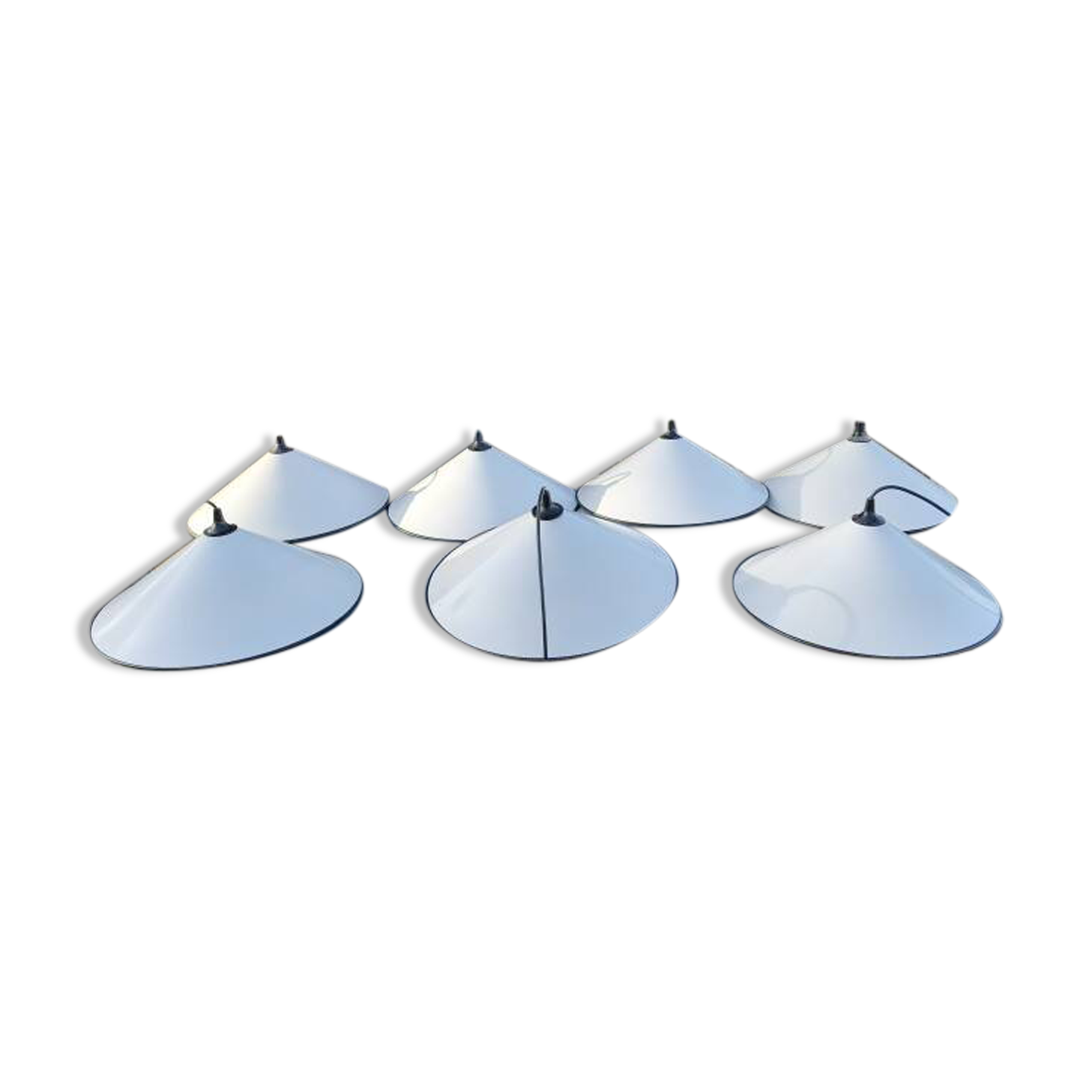 Set of 7 industrial enamelled metal pendant lights