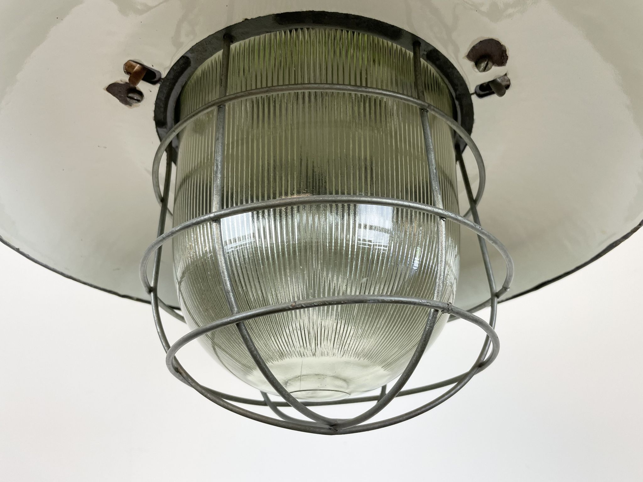 Industrial Grey Enamel Factory Cage Pendant Lamp in Cast Iron from Zaos, 1960s