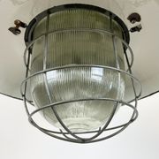 Industrial Grey Enamel Factory Cage Pendant Lamp in Cast Iron from Zaos, 1960s