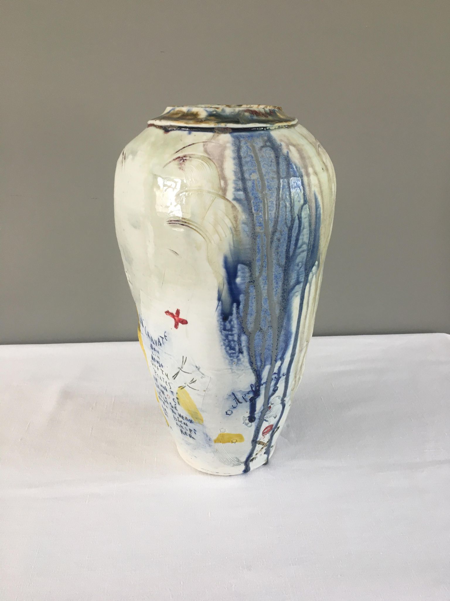Thierry Basile vase in enamelled sandstone with abstract decoration