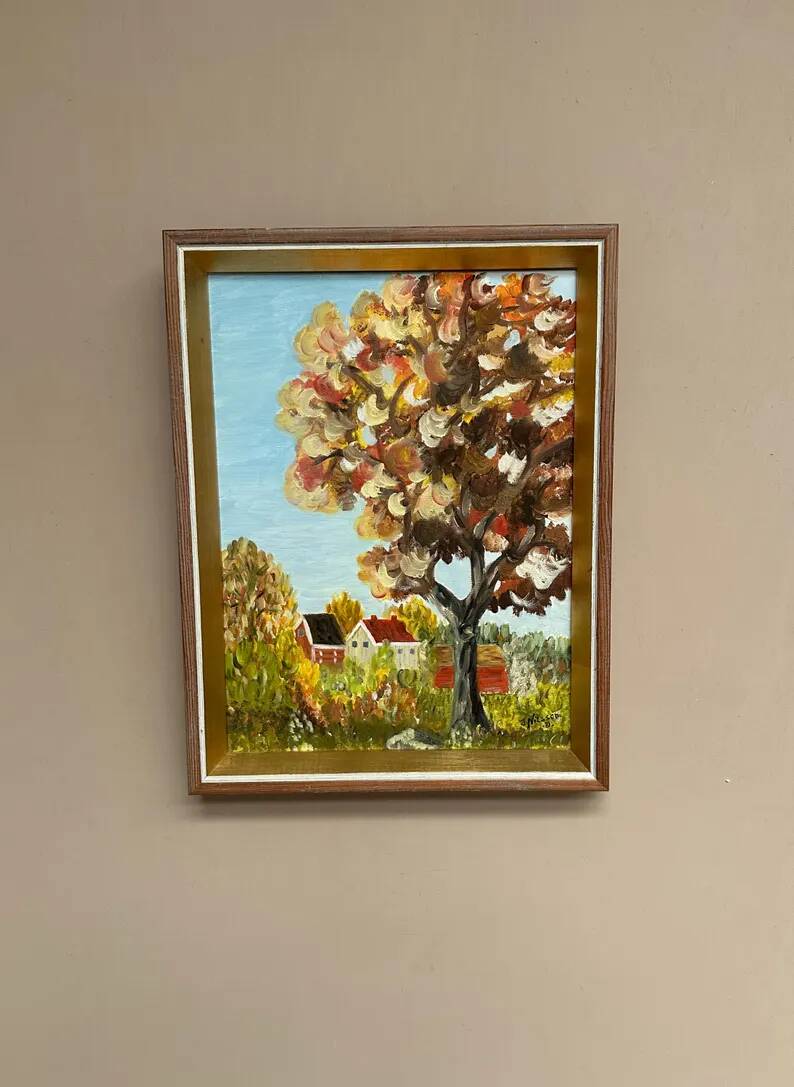 Original Swedish Oil on Canvas - "Autumn Tree" by J. Nilsson - Vintage and Framed - 49 × 38 cm