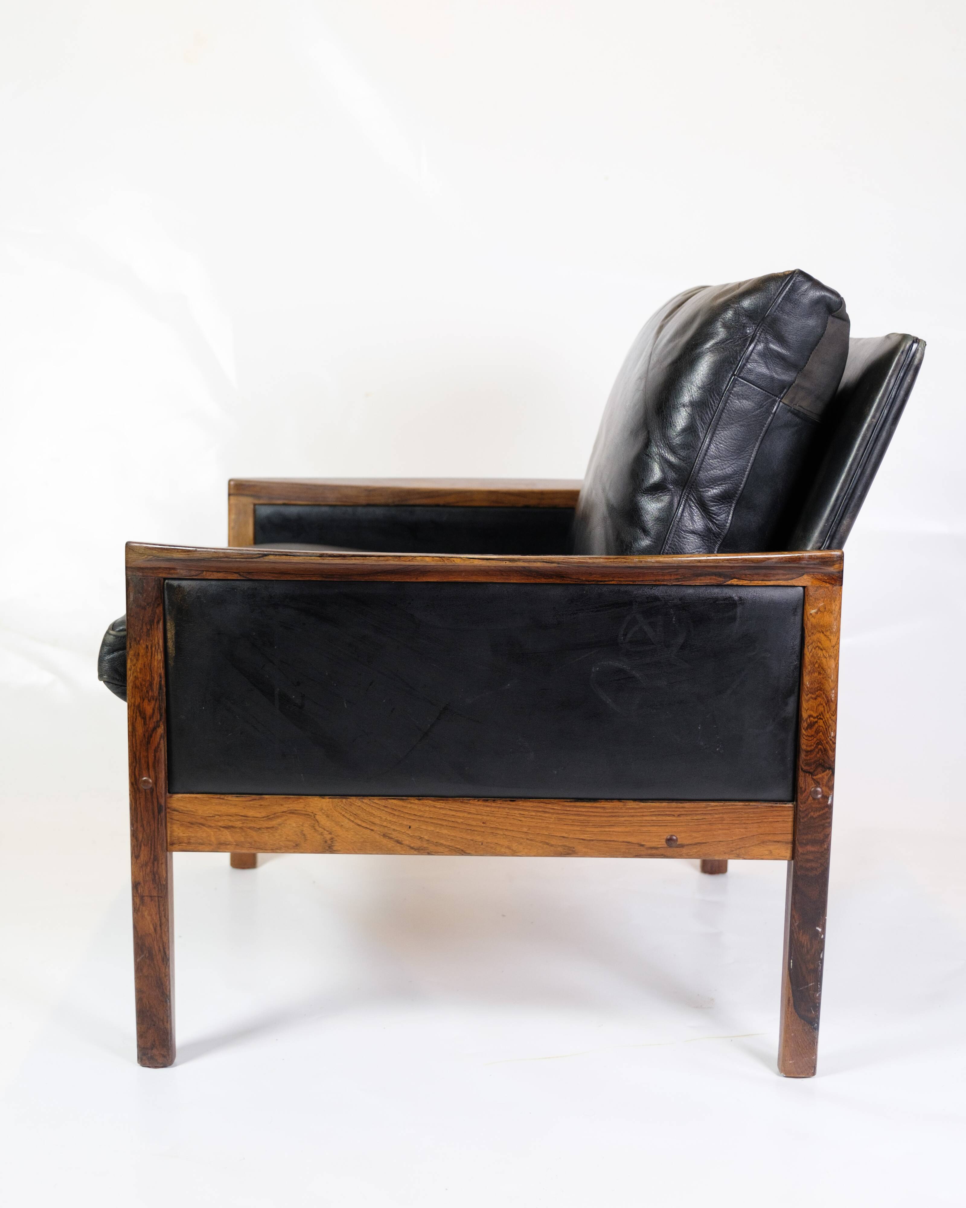 Armchair Made In Rosewood & Black Leather Cushions By Hans Olsen From 1960s