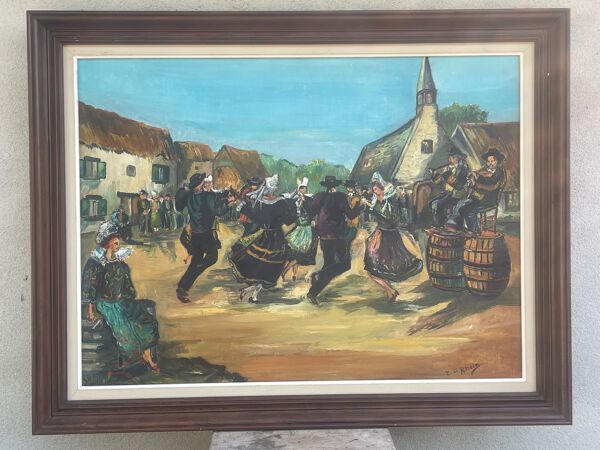 Huile sur toile, Scène Bretonne, village breton, signé Le Hellocq,  Pont Aven