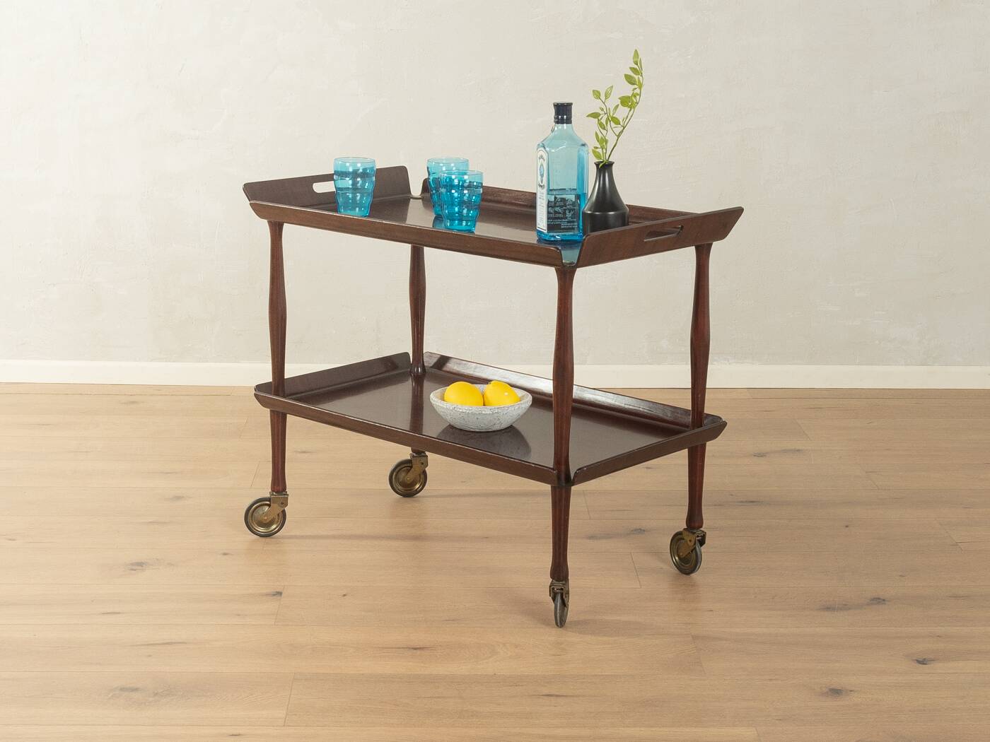 Classic serving trolley from the 1960s, solid Macoré frame with two Macoré veneer shelves and brass castors