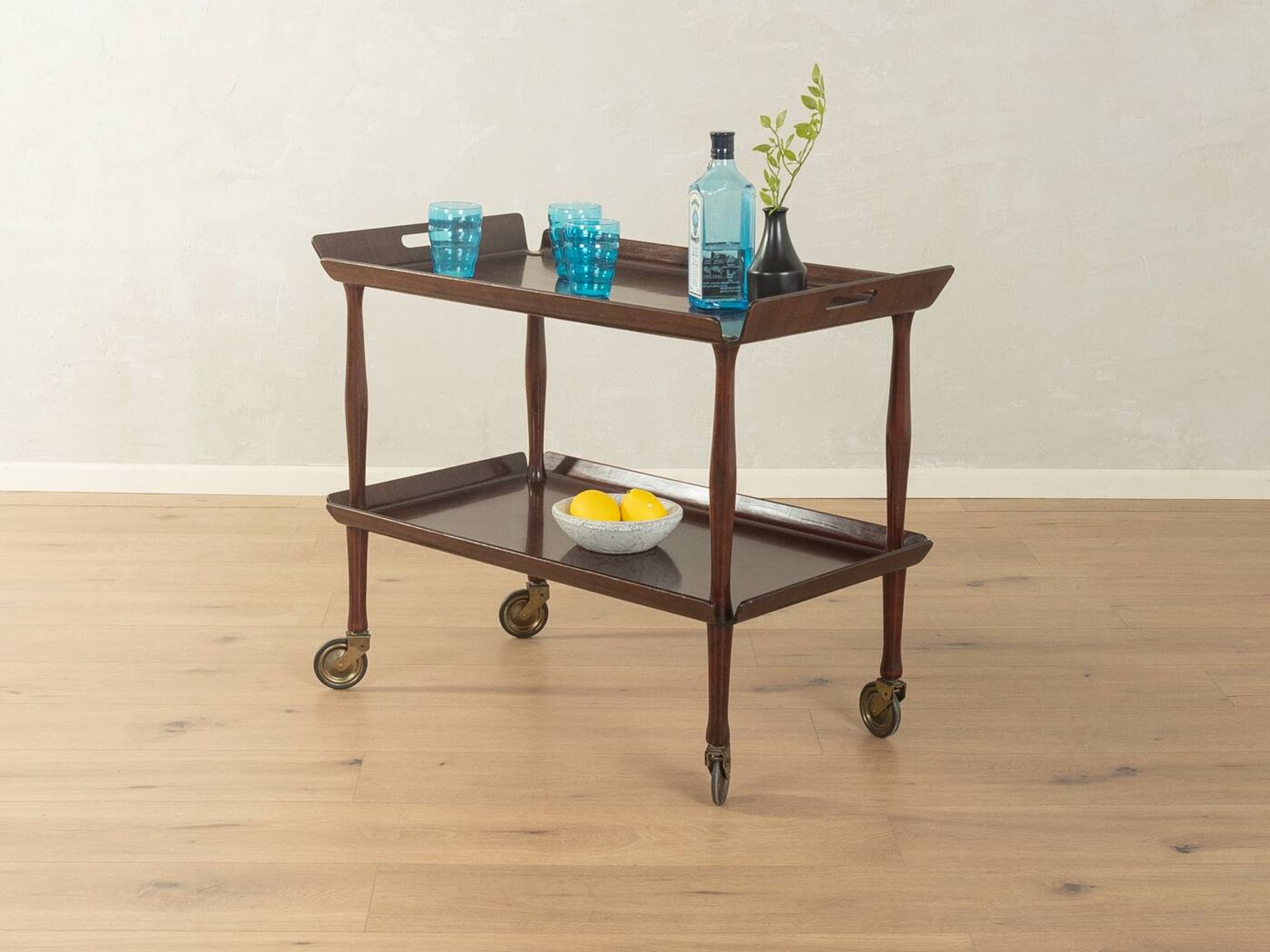 Classic serving trolley from the 1960s, solid Macoré frame with two Macoré veneer shelves and brass castors