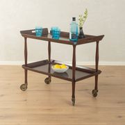 Classic serving trolley from the 1960s, solid Macoré frame with two Macoré veneer shelves and brass castors
