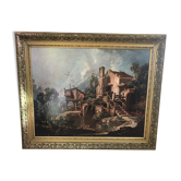 Old painting print on canvas + frame carved wood Gilded Vintage