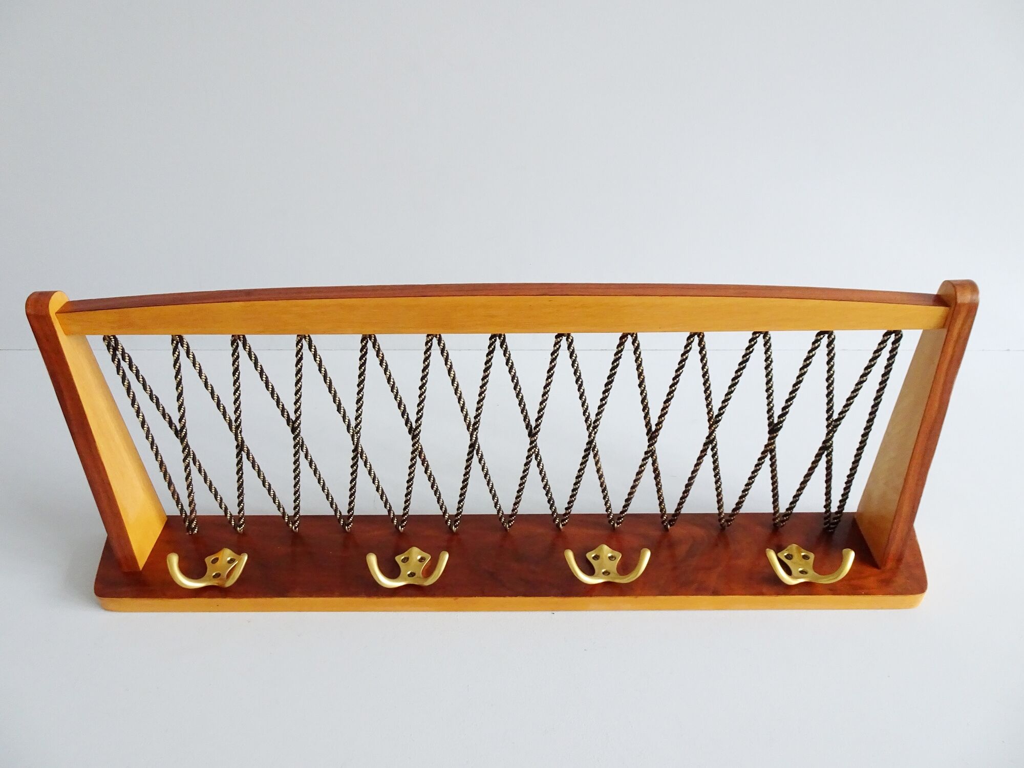 Wall coat rack with hat shelf made of wood and cords, Mid Century coat rack