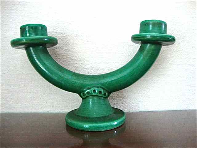 Pair of vintage green ceramic candlesticks