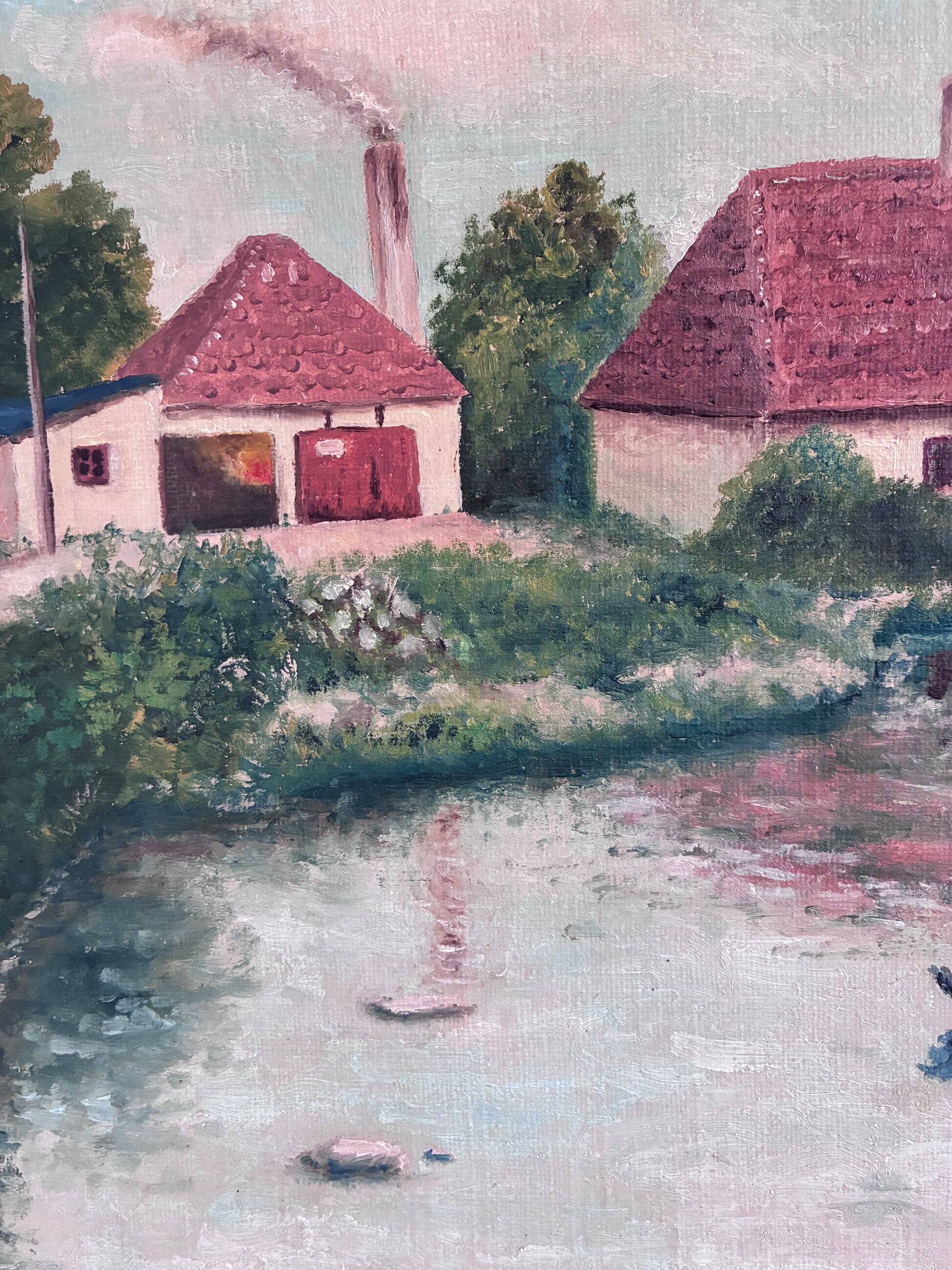 Vintage original landscape oil painting, signed farmhouse art