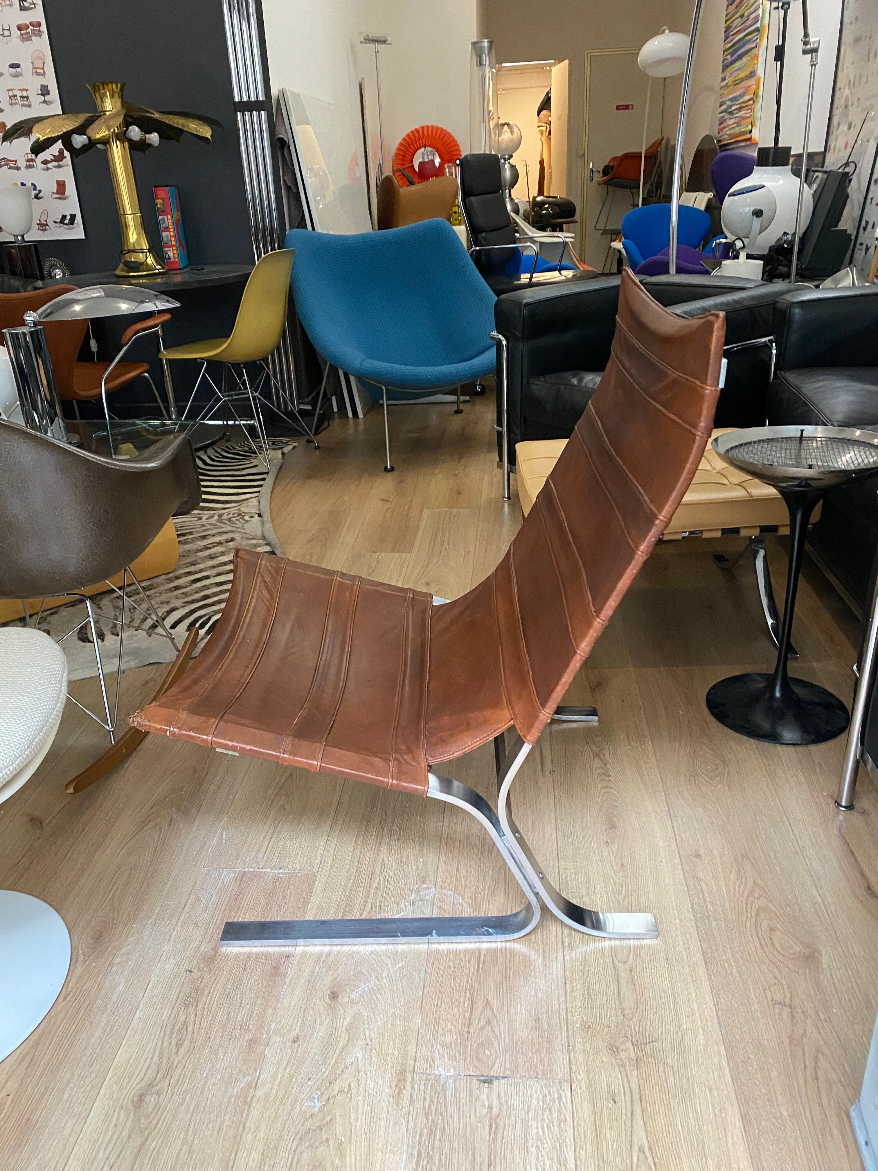 Vintage armchair design steel and leathers stretched 70s