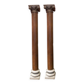 19th Century Italian Architectural Corinthian Wood Columns on Sandstone Plinths, Set of 2