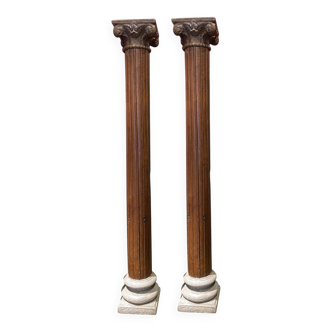 19th Century Italian Architectural Corinthian Wood Columns on Sandstone Plinths, Set of 2