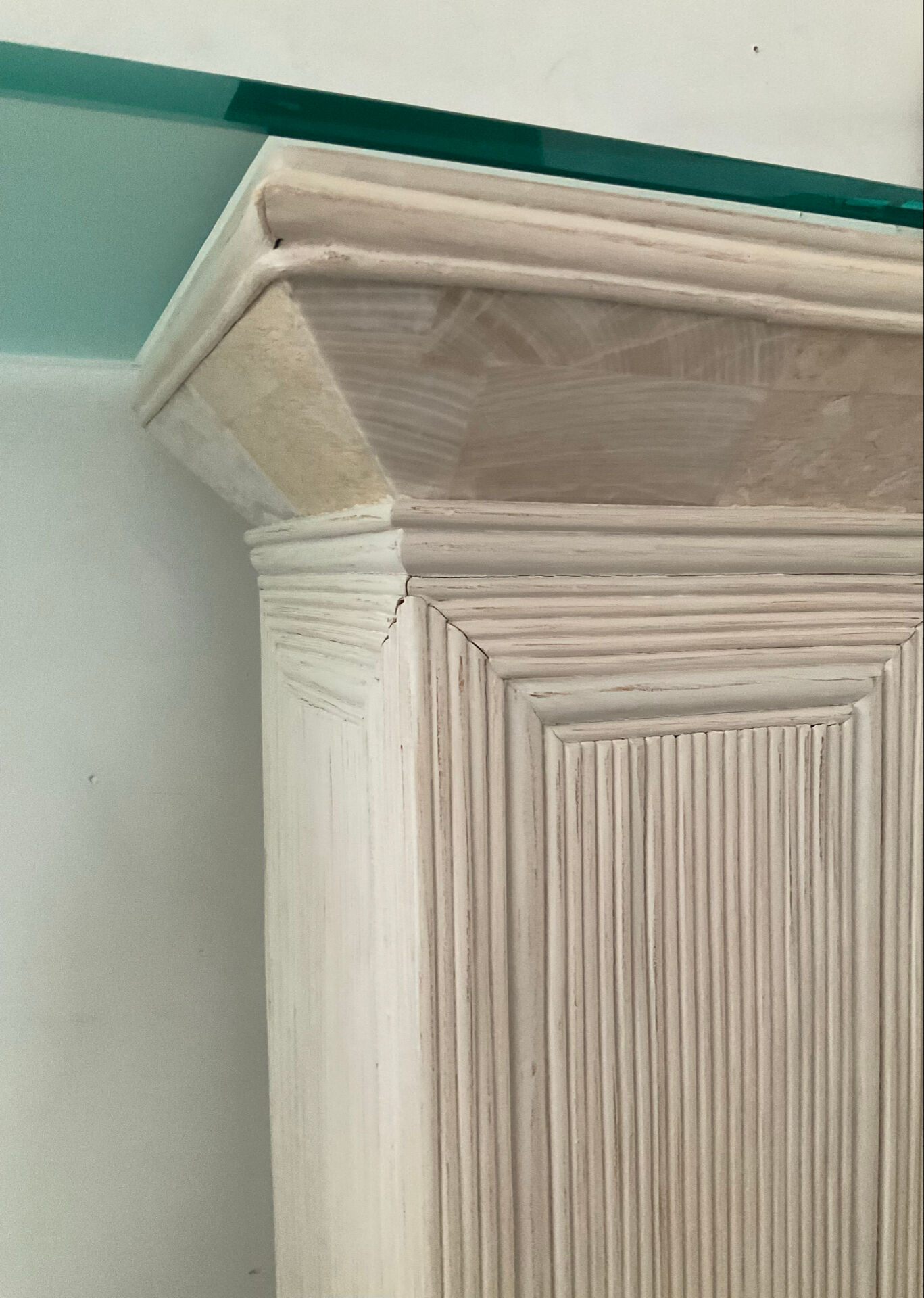 Console vintage en travertin, bois et verre