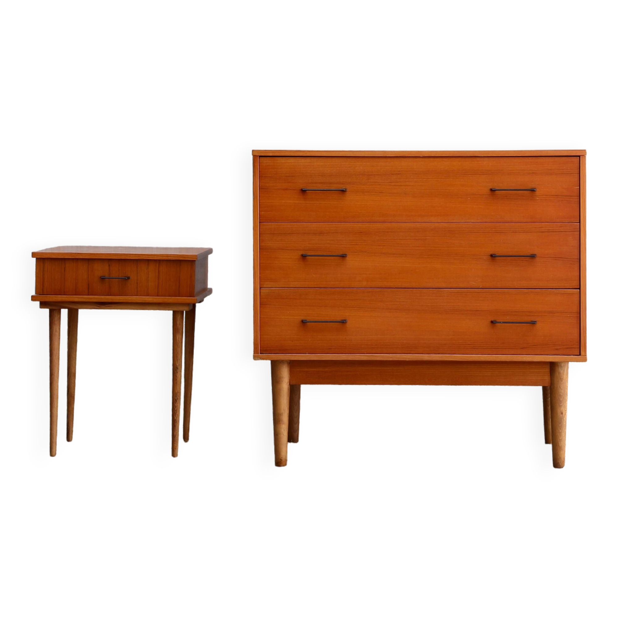 Scandinavian chest of drawers and bedside table from the 50s/60s, vintage teak