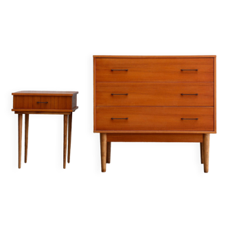 Scandinavian chest of drawers and bedside table from the 50s/60s, vintage teak
