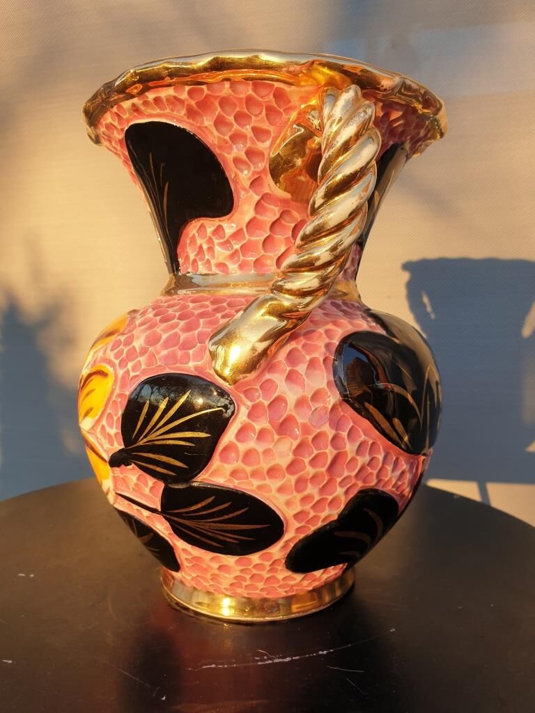 Vase Vallauris 1950 rose noir et jaune