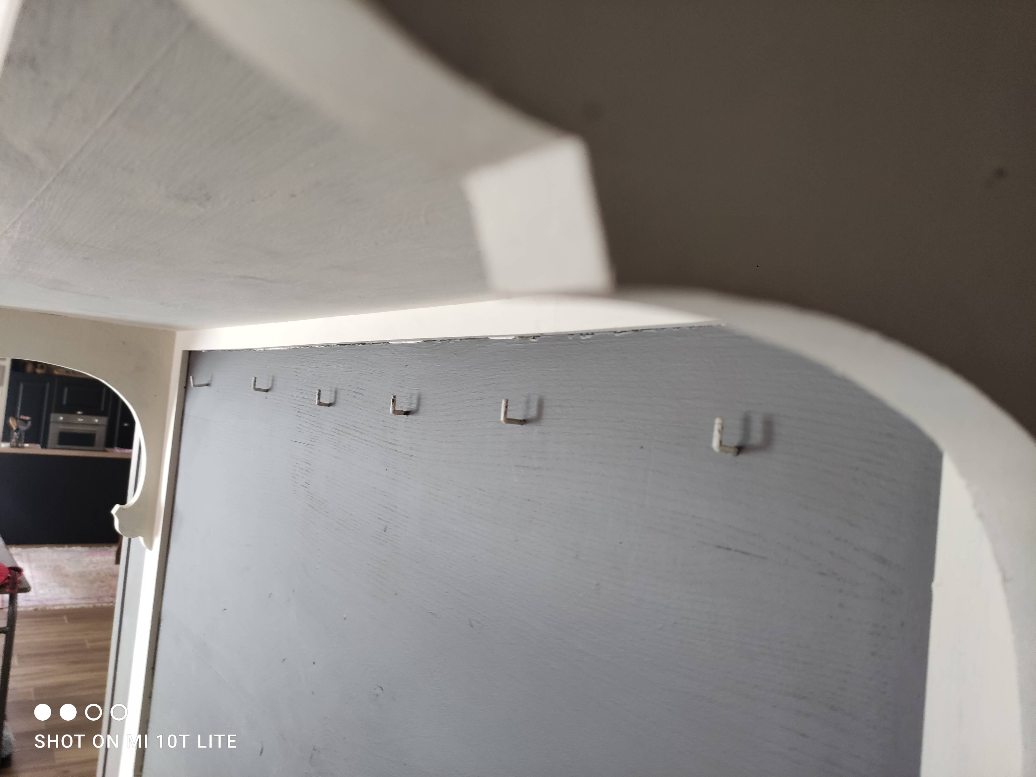 Old white and taupe “Market Day” oak shelf