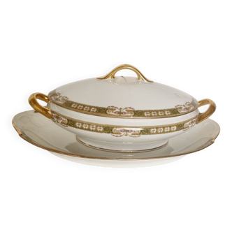 Antique tureen with plate by Bernardaud&Co for Limoges France Vert et Or.