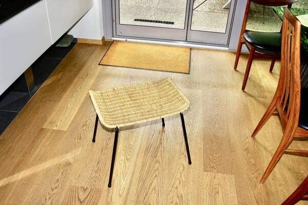 Tabouret basket vintage en acier et osier tressé de franco legler 1950