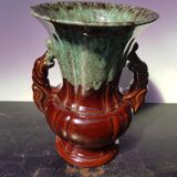 Vase adp céramique émaillée marron coulures vert bleu avec anses vintage