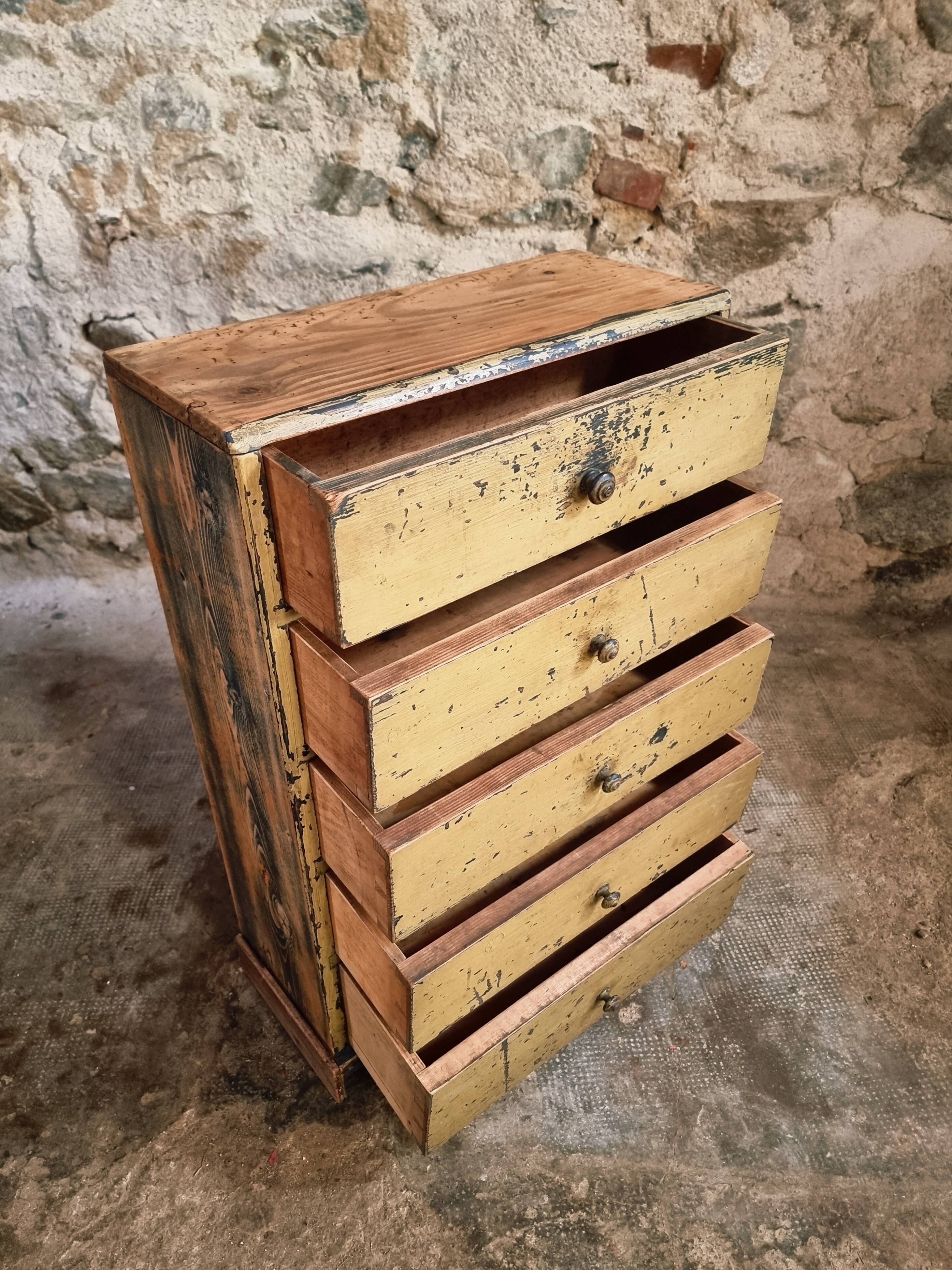 Antique French pine drawer cabinet – Narrow storage unit – Workshop/apothecary style – circa 1900