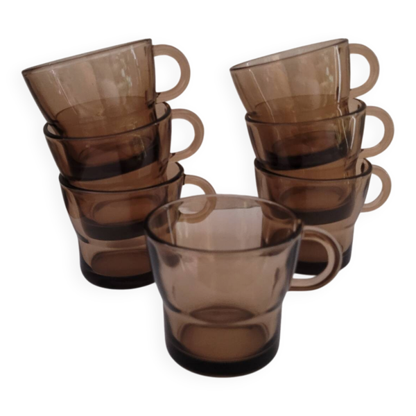 Service de 7 tasses à café en verre fumé vintage - Années 70-80