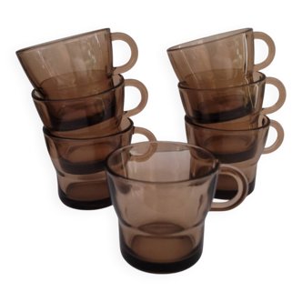 Set of 7 vintage smoked glass coffee cups - 1970s-80s