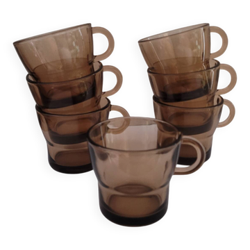 Service de 7 tasses à café en verre fumé vintage - Années 70-80