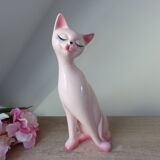 Large Vintage Pink Ceramic Cat Statue from the 1970s/1980s