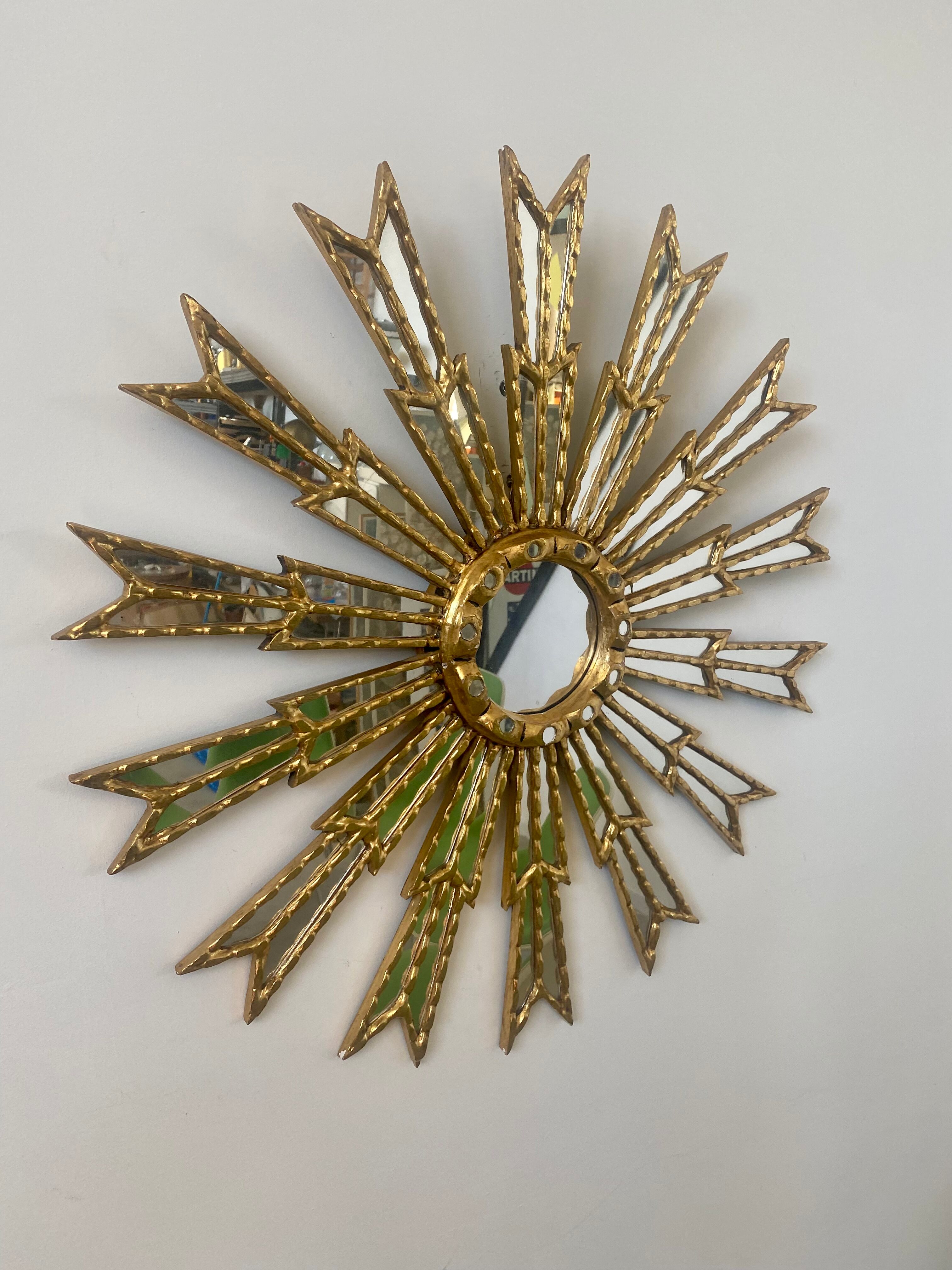 Mirror sun in gilded wood XXL facet mirror design year 60