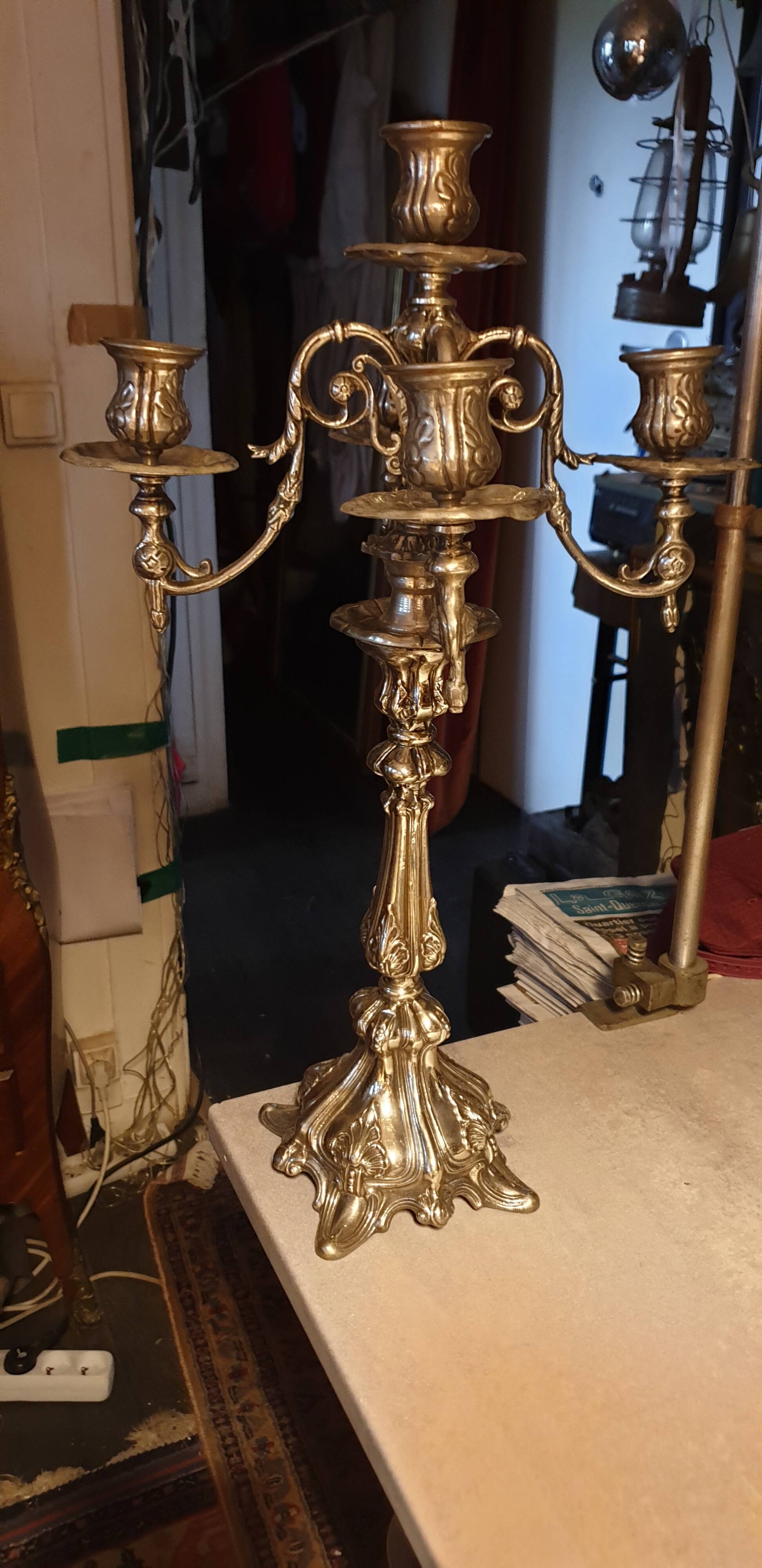 Silver metal candlestick 5 lights baroque style