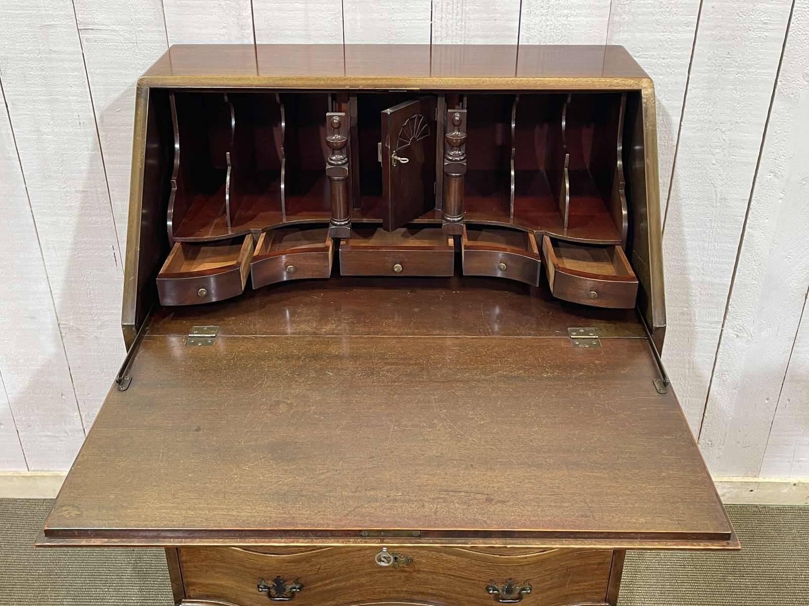 1930s English curved mahogany back desk