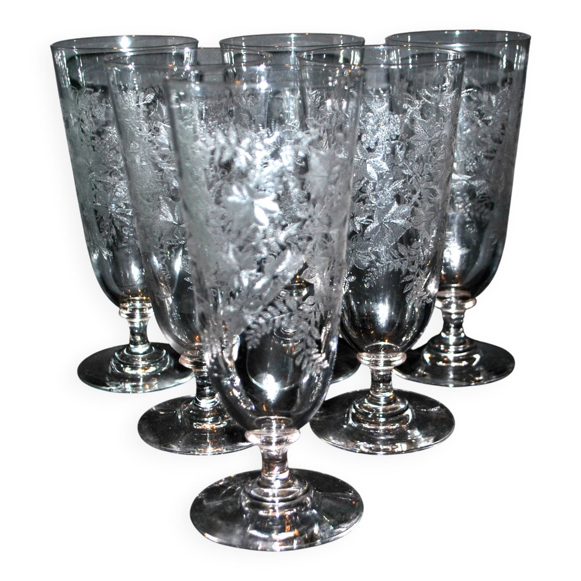Set of 6 beer glasses verrerie portieux bocks bistrot acid etched 1920-1930