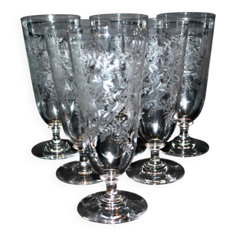 Set of 6 beer glasses verrerie portieux bocks bistrot acid etched 1920-1930